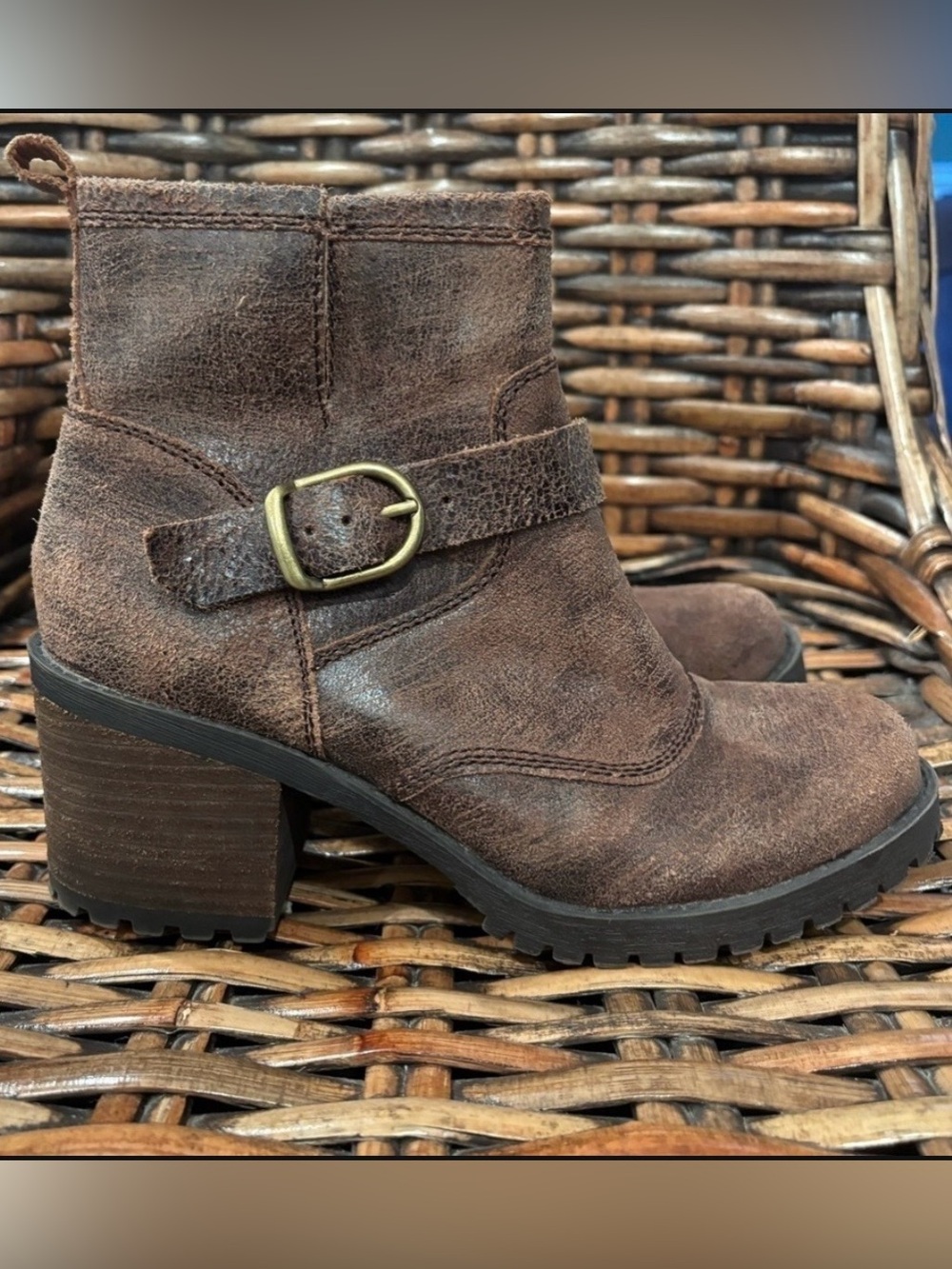 Lucky Brand Dark Brown Ankle Booties with Buckle Block Heel size 7.5
